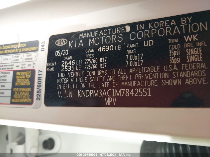 2021 Kia Sportage Lx VIN: KNDPM3AC1M7842551 Lot: 39799903