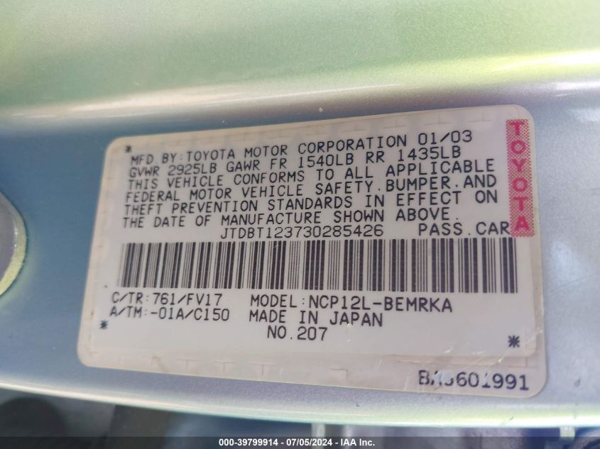 2003 Toyota Echo VIN: JTDBT123730285426 Lot: 39799914