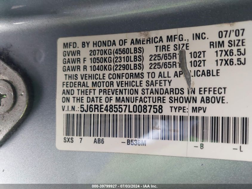 2007 Honda Cr-V Ex VIN: 5J6RE48557L008758 Lot: 39799927