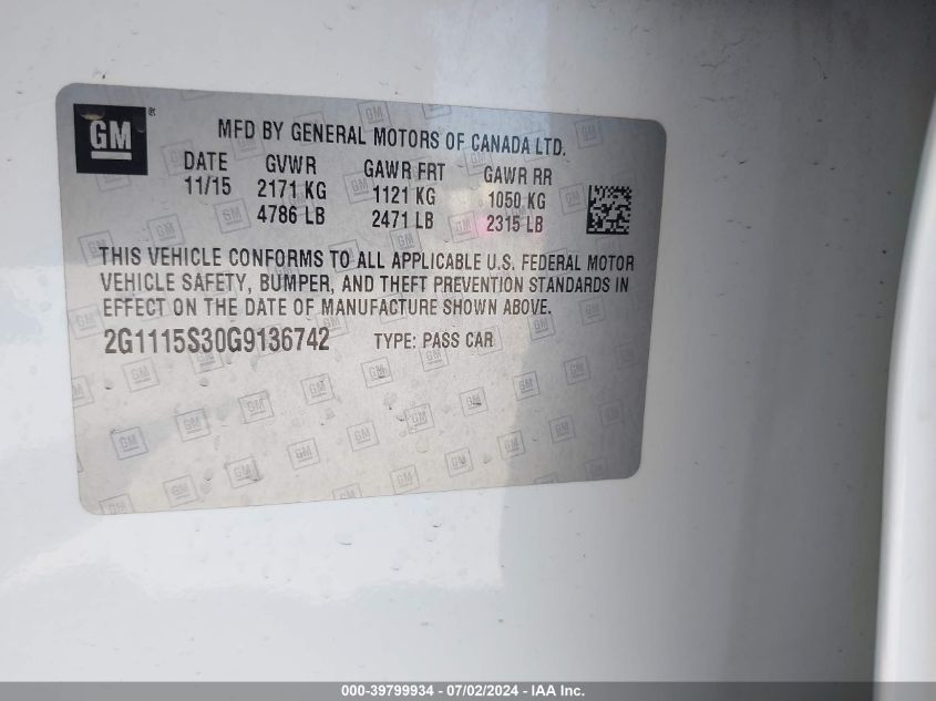 2016 Chevrolet Impala 2Lt VIN: 2G1115S30G9136742 Lot: 39799934