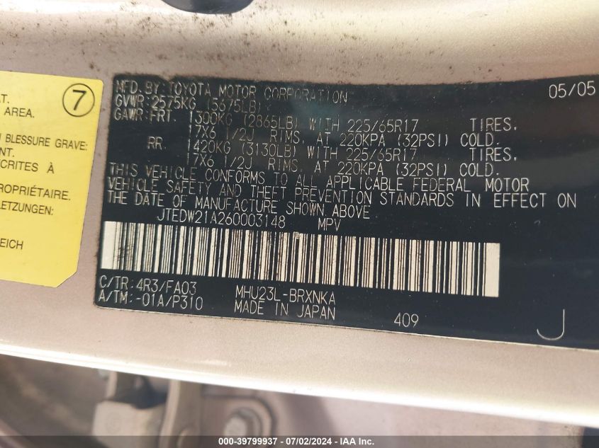 2006 Toyota Highlander Hybrid V6 VIN: JTEDW21A260003148 Lot: 39799937