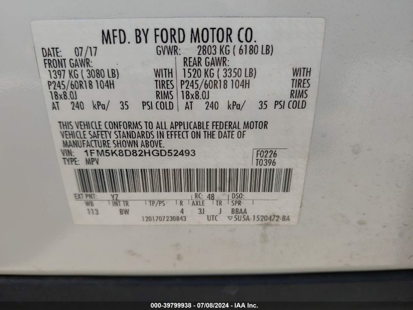 2017 Ford Explorer Xlt VIN: 1FM5K8D82HGD52493 Lot: 39799938