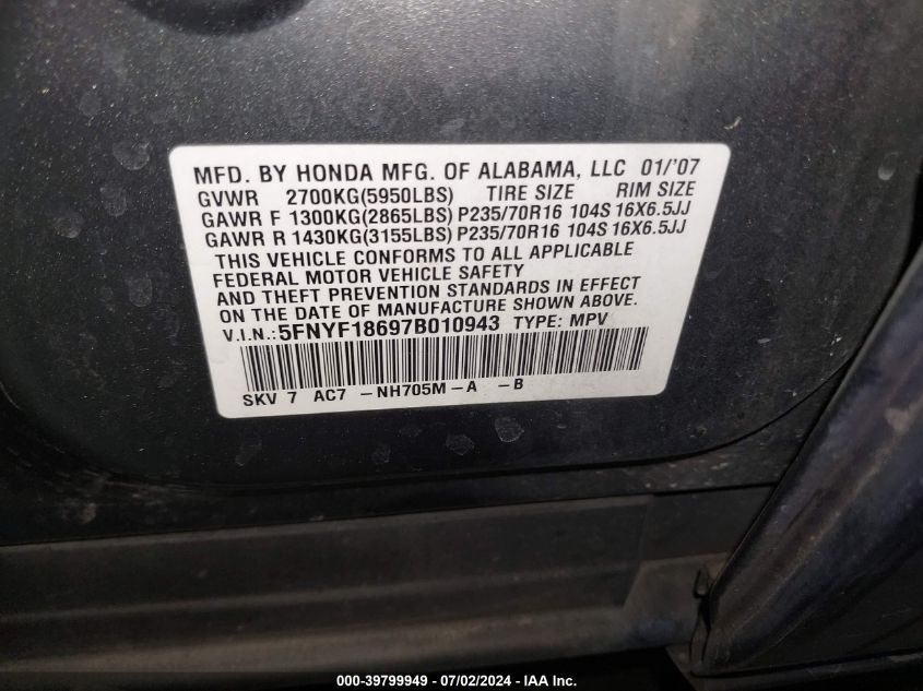 2007 Honda Pilot Ex-L VIN: 5FNYF18697B010943 Lot: 39799949