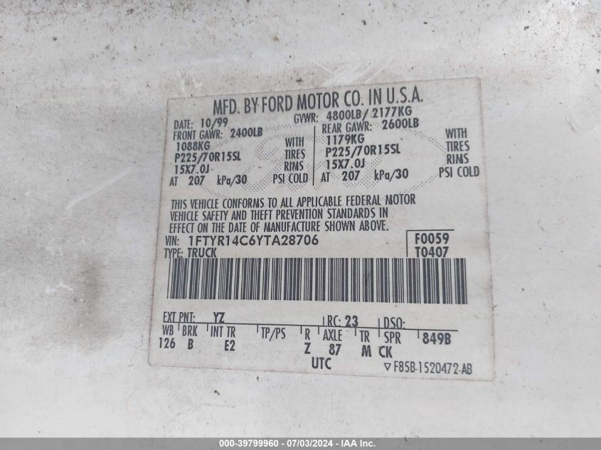 2000 Ford Ranger Xl/Xlt VIN: 1FTYR14C6YTA28706 Lot: 39799960