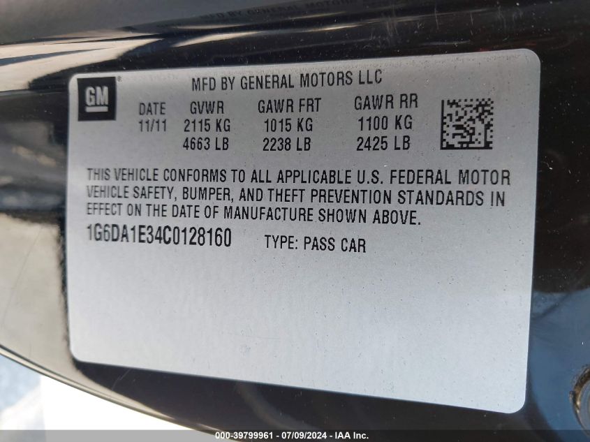 2012 Cadillac Cts Standard VIN: 1G6DA1E34C0128160 Lot: 39799961