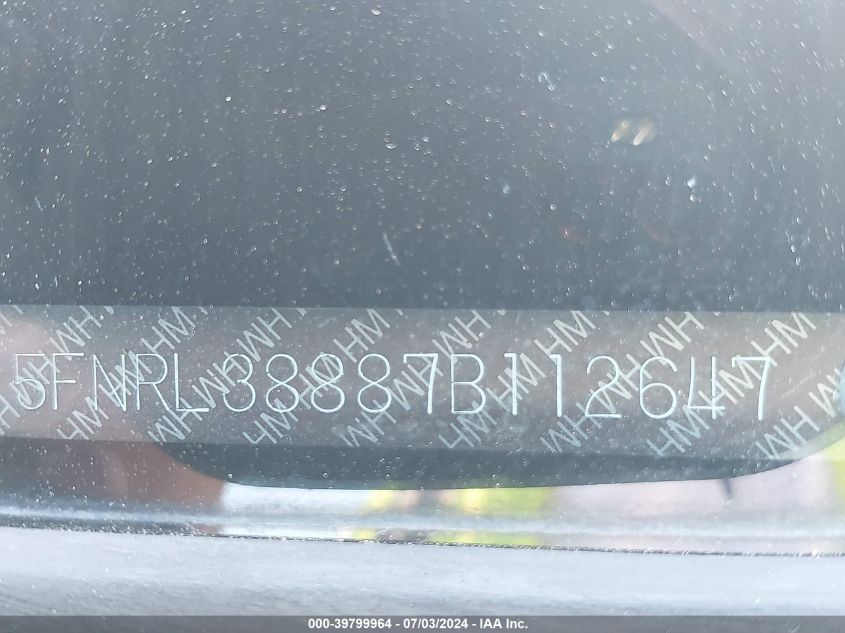 2007 Honda Odyssey Touring VIN: 5FNRL38887B112647 Lot: 39799964