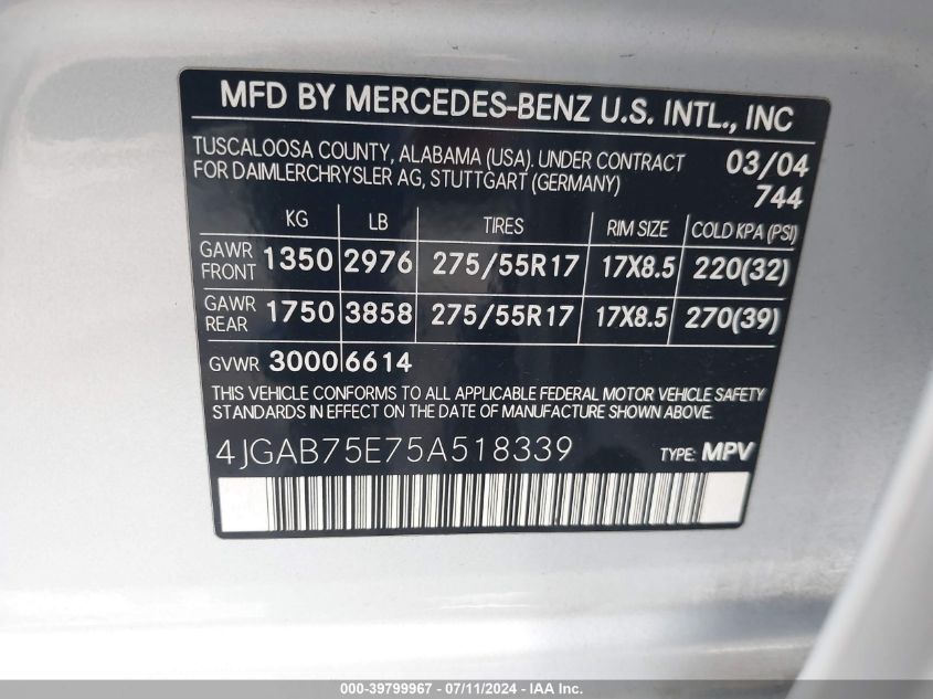 2005 Mercedes-Benz Ml 500 4Matic VIN: 4JGAB75E75A518339 Lot: 39799967