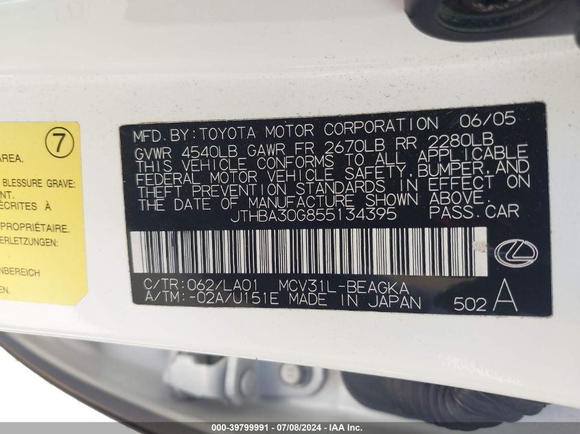 2005 Lexus Es 330 VIN: JTHBA30G855134395 Lot: 39799991