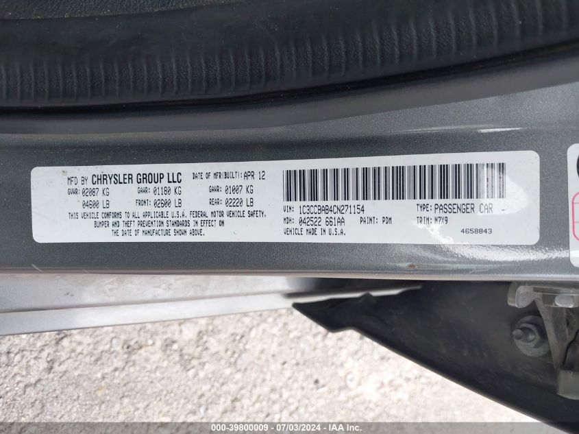 2012 Chrysler 200 Lx VIN: 1C3CCBAB4CN271154 Lot: 39800009