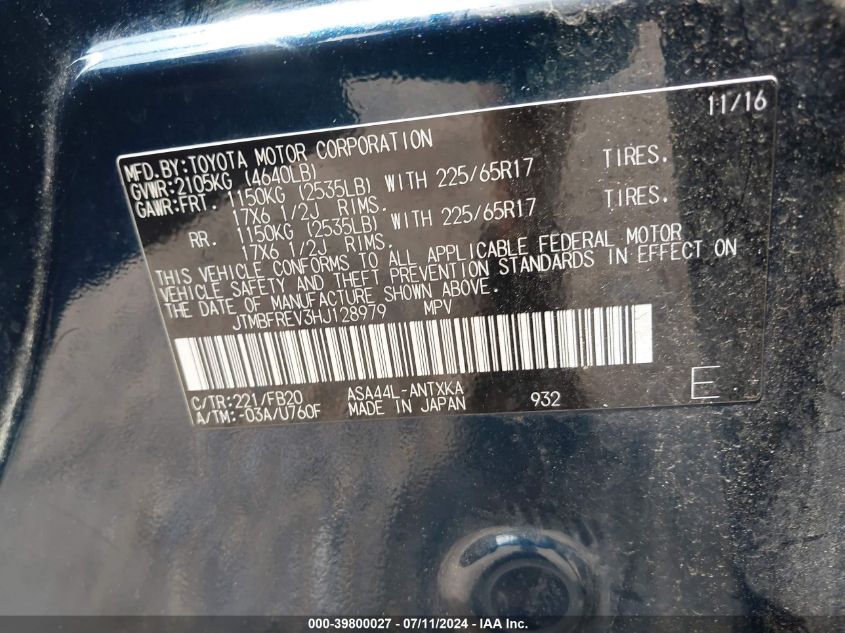 2017 Toyota Rav4 Le VIN: JTMBFREV3HJ128979 Lot: 39800027