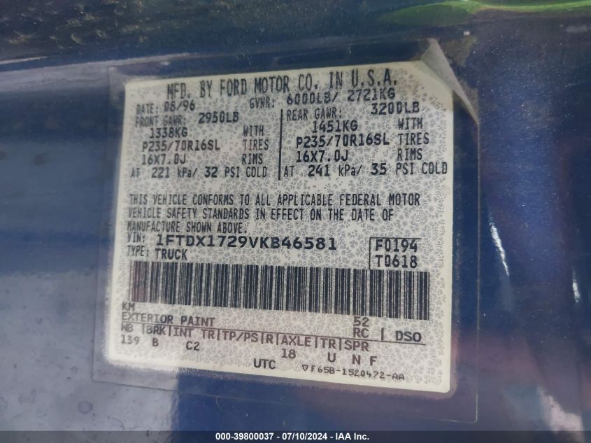 1997 Ford F-150 Standard/Xl/Xlt VIN: 1FTDX1729VKB46581 Lot: 39800037