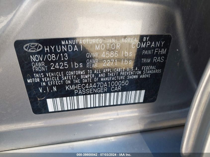 2013 Hyundai Sonata Hybrid Limited VIN: KMHEC4A47DA100050 Lot: 39800042