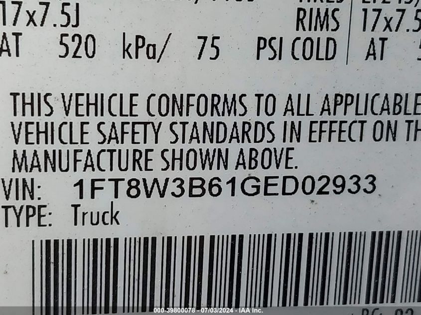 2016 Ford F350 Super Duty VIN: 1FT8W3B61GED02933 Lot: 39800078