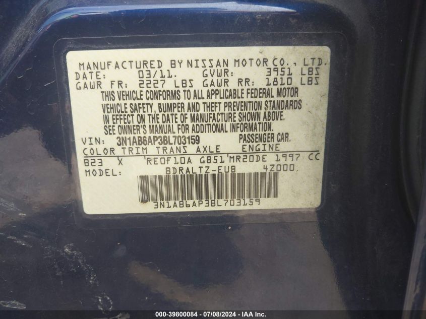 2011 Nissan Sentra 2.0S VIN: 3N1AB6AP3BL703159 Lot: 39800084