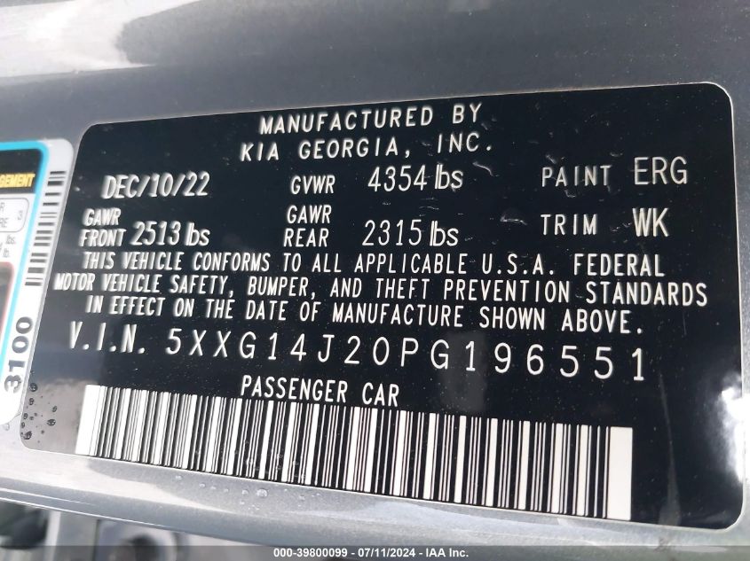 2023 Kia K5 Lxs VIN: 5XXG14J20PG196551 Lot: 39800099