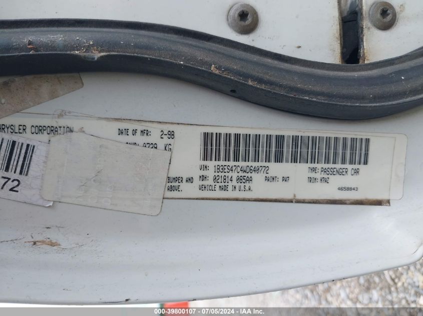 1998 Dodge Neon Competition/Highline VIN: 1B3ES47C4WD640772 Lot: 39800107