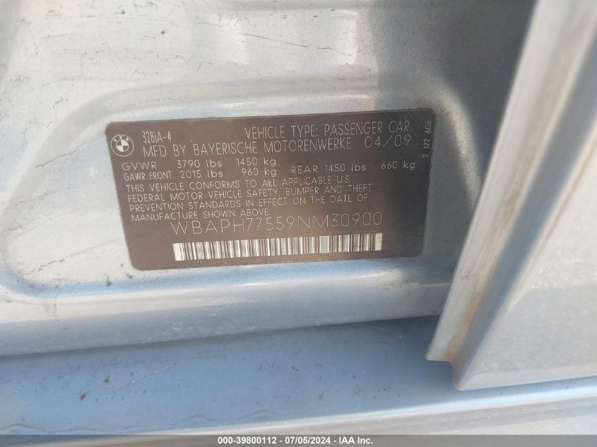 2009 BMW 328I VIN: WBAPH77559NM30900 Lot: 39800112