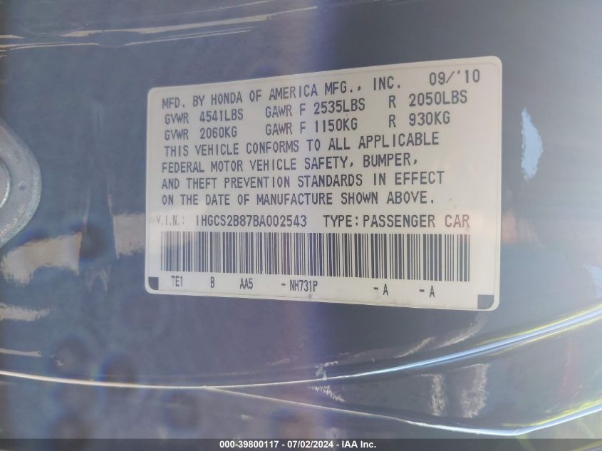 2011 Honda Accord 3.5 Ex-L VIN: 1HGCS2B87BA002543 Lot: 39800117