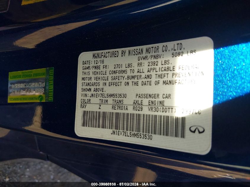 2017 Infiniti Q60 3.0T Sport VIN: JN1EV7EL5HM553530 Lot: 39800118