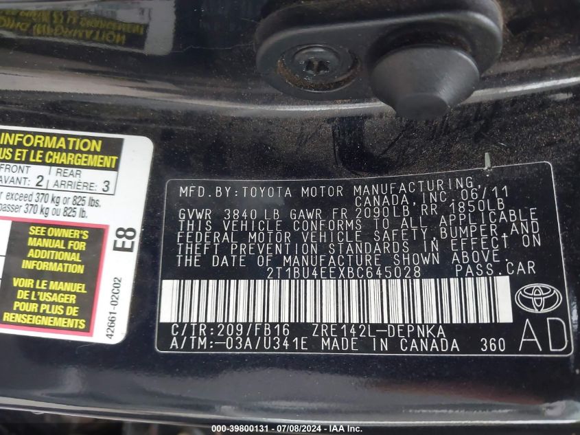 2011 Toyota Corolla Le VIN: 2T1BU4EEXBC645028 Lot: 39800131