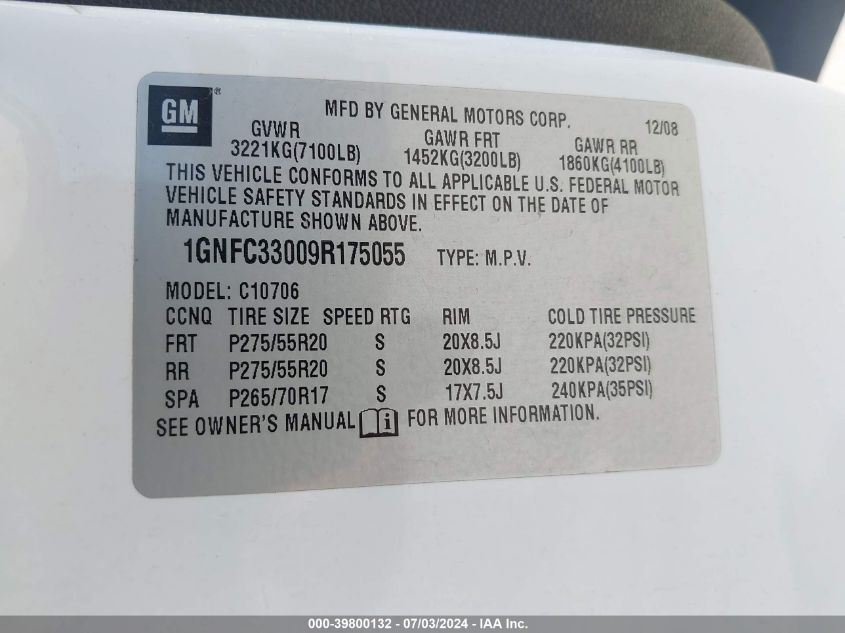 2009 Chevrolet Tahoe Ltz VIN: 1GNFC33009R175055 Lot: 39800132