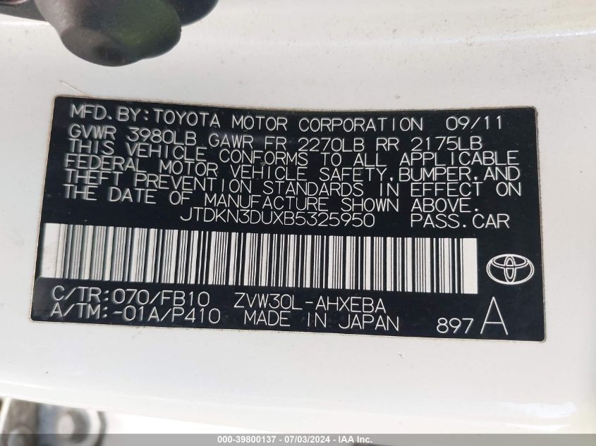 2011 Toyota Prius Three VIN: JTDKN3DUXB5325950 Lot: 39800137