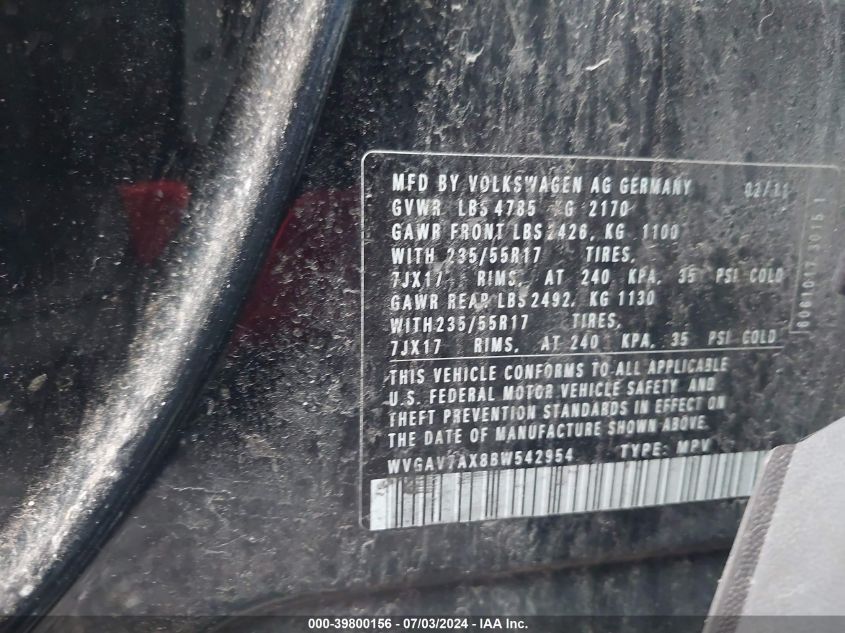 2011 Volkswagen Tiguan S/Se/Sel VIN: WVGAV7AX8BW542954 Lot: 39800156