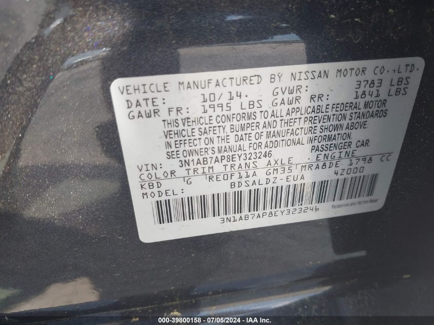 2014 Nissan Sentra Sv VIN: 3N1AB7AP8EY323246 Lot: 39800158