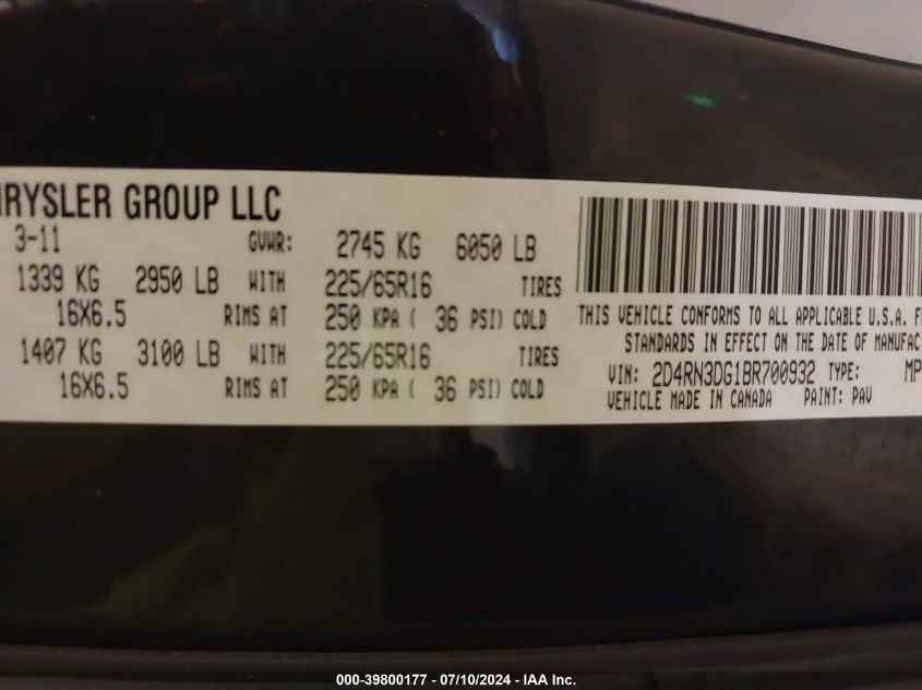 2011 Dodge Grand Caravan Mainstreet VIN: 2D4RN3DG1BR700932 Lot: 39800177