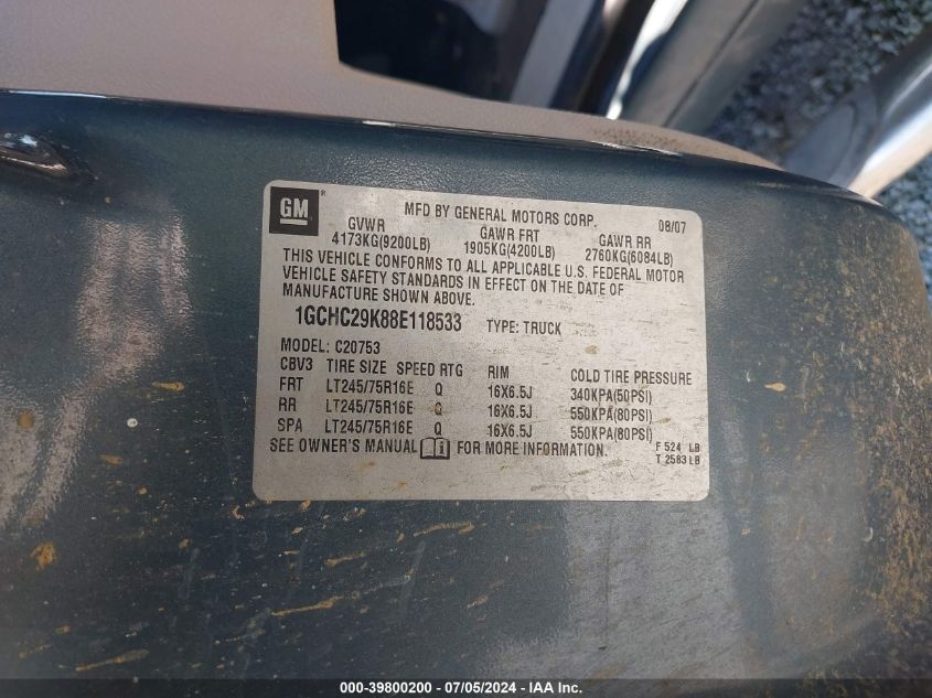 2008 Chevrolet Silverado 2500Hd Lt1 VIN: 1GCHC29K88E118533 Lot: 39800200