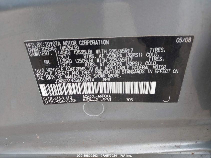 2008 Toyota Rav4 Limited VIN: JTMBD31V386083974 Lot: 39800203