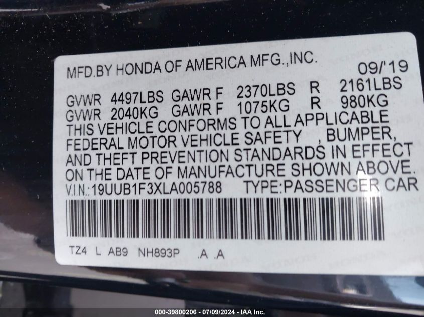 2020 Acura Tlx Standard VIN: 19UUB1F3XLA005788 Lot: 39800206