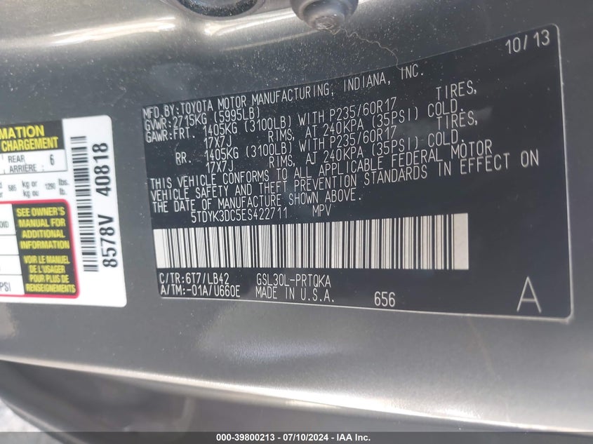 2014 Toyota Sienna Xle V6 8 Passenger VIN: 5TDYK3DC5ES422711 Lot: 39800213