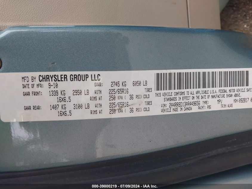 2010 Chrysler Town & Country Touring Plus VIN: 2A4RR8D13AR449656 Lot: 39800219