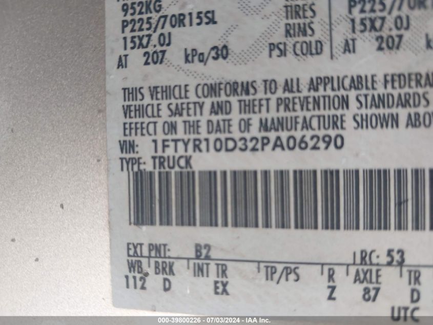 2002 Ford Ranger Xl/Xlt VIN: 1FTYR10D32PA06290 Lot: 39800226