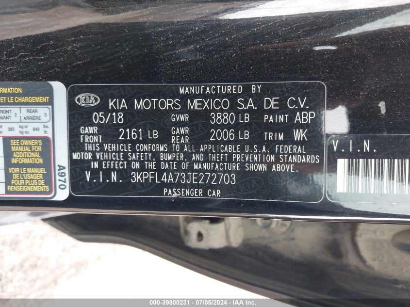 2018 Kia Forte Lx VIN: 3KPFL4A73JE272703 Lot: 39800231
