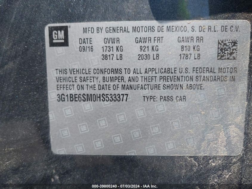 2017 Chevrolet Cruze Lt Auto VIN: 3G1BE6SM0HS533377 Lot: 39800240