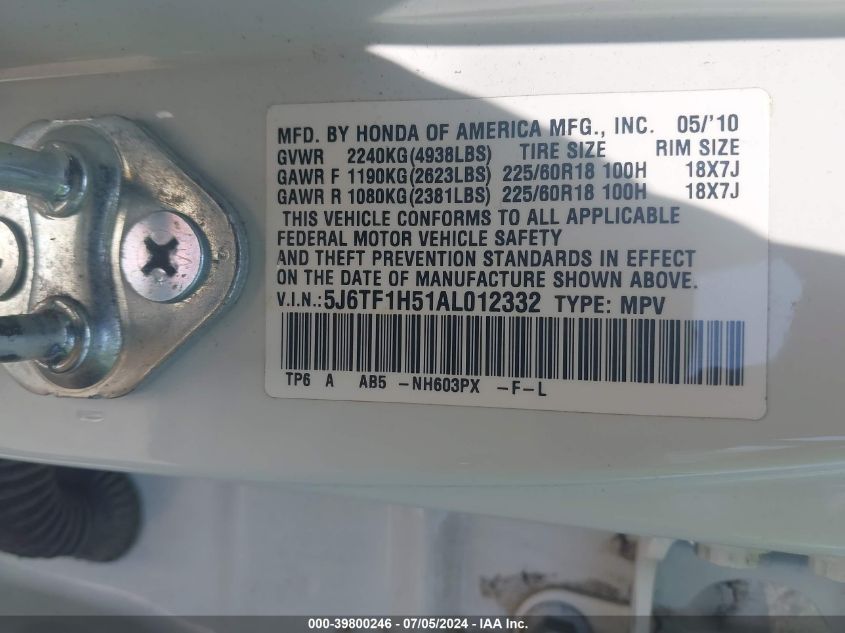 2010 Honda Accord Crosstour Ex-L VIN: 5J6TF1H51AL012332 Lot: 39800246