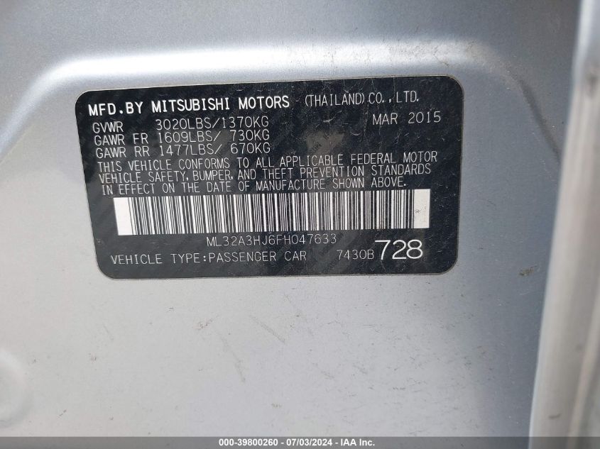 2015 Mitsubishi Mirage De VIN: ML32A3HJ6FH047633 Lot: 39800260