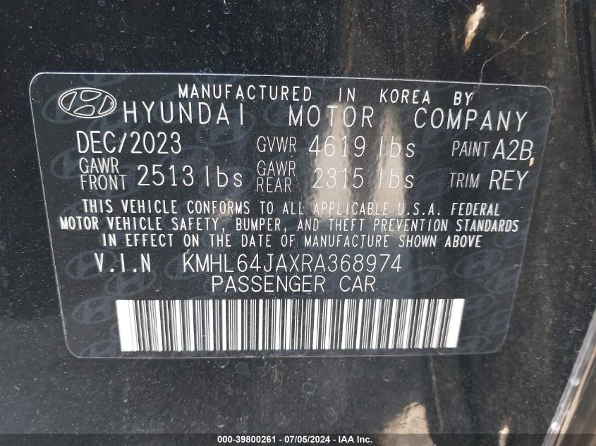 2024 Hyundai Sonata Sel VIN: KMHL64JAXRA368974 Lot: 39800261