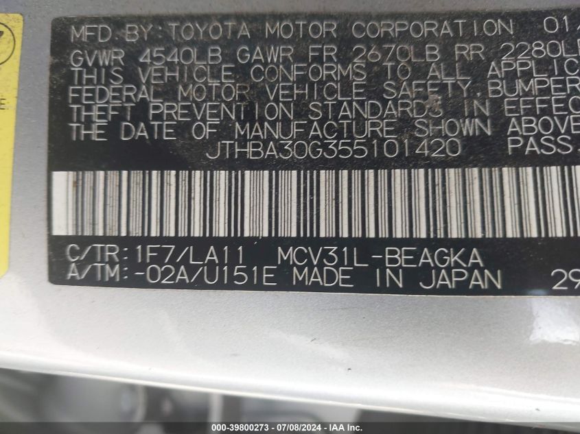 2005 Lexus Es 330 VIN: JTHBA30G355101420 Lot: 39800273