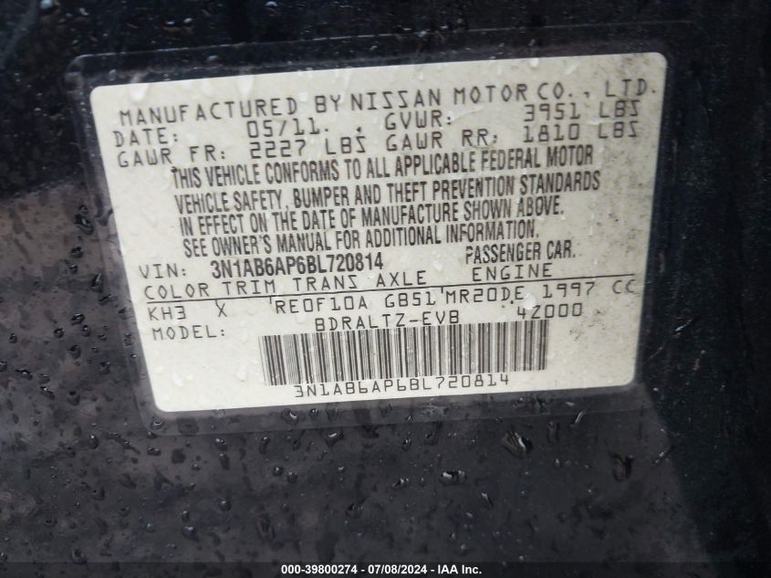 2011 Nissan Sentra 2.0Sr VIN: 3N1AB6AP6BL720814 Lot: 39800274