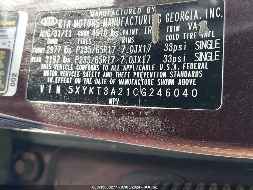 2012 Kia Sorento Lx V6 VIN: 5XYKT3A21CG246040 Lot: 39800277