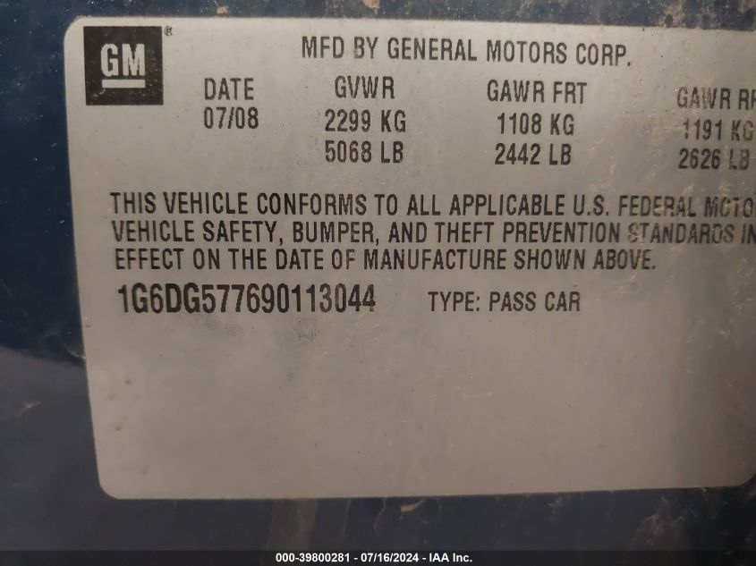 2009 Cadillac Cts Standard VIN: 1G6DG577690113044 Lot: 39800281