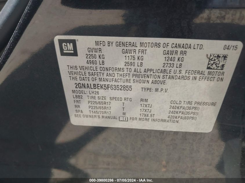 2GNALBEK5F6352855 2015 Chevrolet Equinox 1Lt