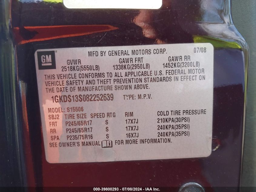 2008 GMC Envoy VIN: 1GKDS13S082252639 Lot: 39800293