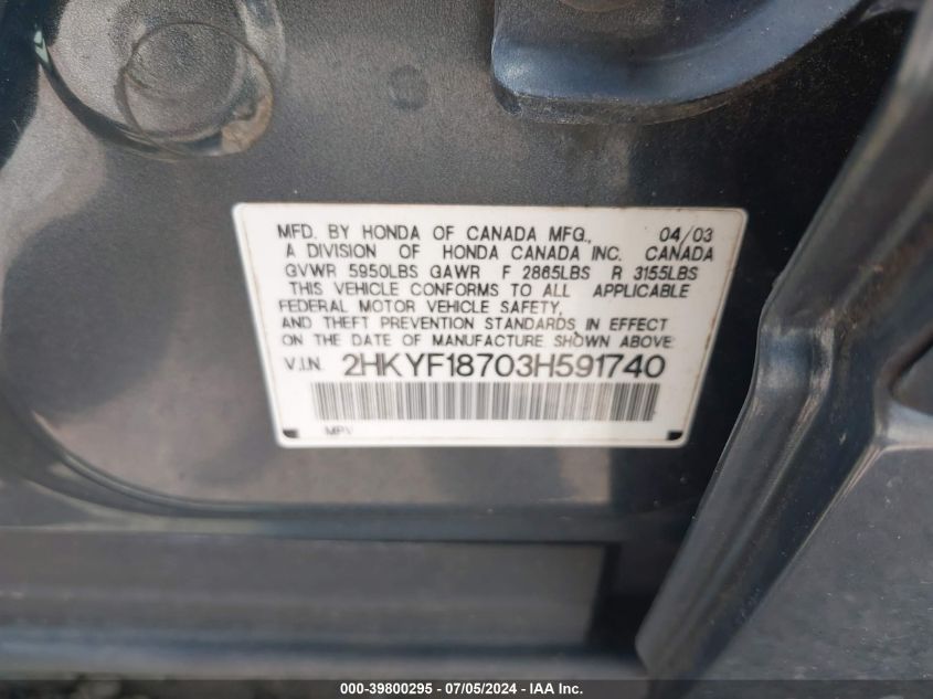 2003 Honda Pilot Ex-L VIN: 2HKYF18703H591740 Lot: 39800295