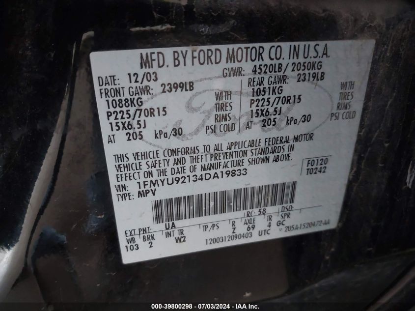 2004 Ford Escape Xls VIN: 1FMYU92134DA19833 Lot: 39800298