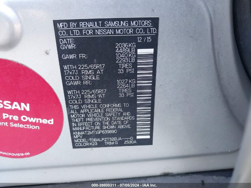 2016 Nissan Rogue S VIN: KNMAT2MT1GP639890 Lot: 39800311