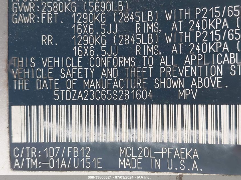 2005 Toyota Sienna Le VIN: 5TDZA23C65S281604 Lot: 39800321